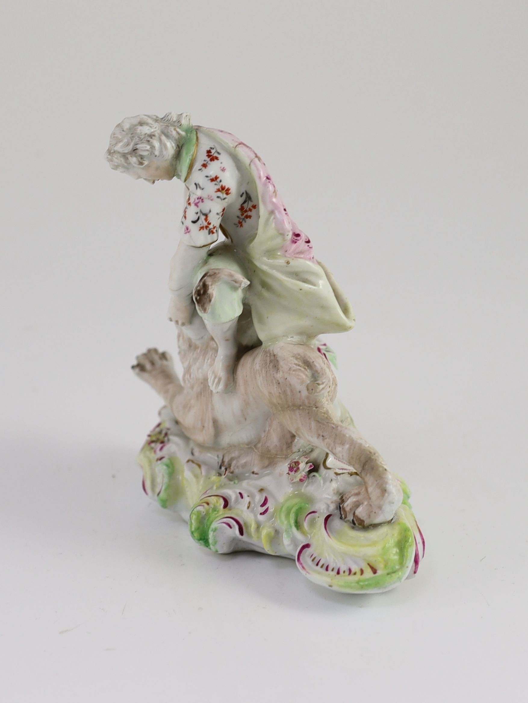 A rare Vauxhall porcelain group of Hercules fighting the Nemean Lion, c.1758, 15.5cm high, old repairs